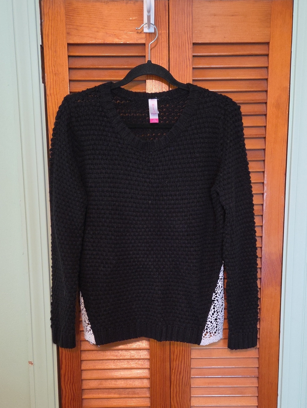 No Boundaries Black Sweater with White Lace Side Insets